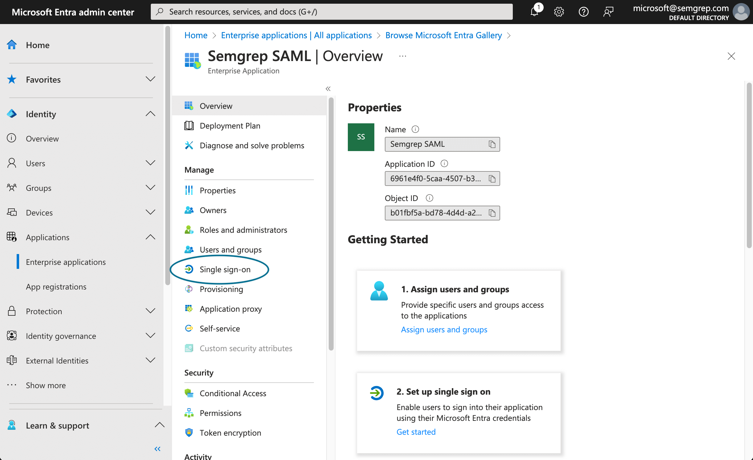 Enterprise application's Single-sign on menu option